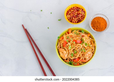 
Simple Shrimp Chow Mein In A Bowl On White Background Top Down Photo