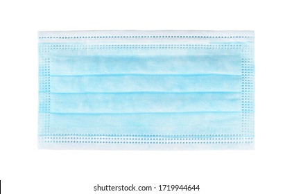 Simple Single Blue Protective Face Mask, One Time Use New Surgical Protection Closeup. Object Isolated On White Background, Cut Out, Top View, Laying Flat