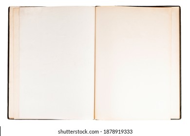 Simple Single Old Open Empty Blank Notebook, Spread Book Pages Top View, Text Space Object Isolated On White, Cut Out, Copy Space. Old Antique Stylish Parchment Design, View From Above. Journal, Diary