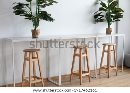 Simple Sitting area with table, high chairs and plant in pots. Minimalist design with of table and high bar stools for coffee shop. Interior Office. Interior of workspace in coworking for freelancer