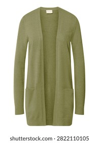 A simple solid color long sleeve women's cardigan sweater. This garment showcases a minimalist design with practical front pockets. Ideal for fashion and apparel concepts.