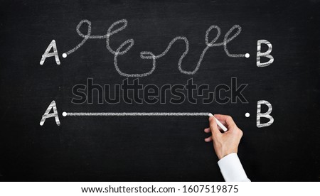 Simple solution to a problem. chalk drawing diagram about the importancade find the shortest way to go from poingt A to point B. 