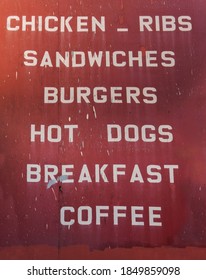 Simple, Sparse Small Town Diner Sign Featuring The Usual Breakfast And Lunch Menu Items.