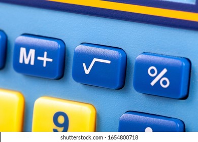 Simple Square Root Symbol Button On A Colorful Calculator Keypad Macro, Closeup. Basic Algebra Symbols, Easy Math Nomenclature, Learning Mathematics, Finances, Early Education, Teaching Aids Concept