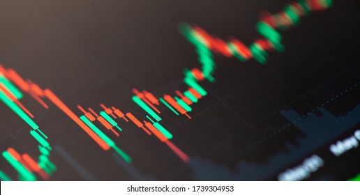 Simple Stock Market Exchange Candlestick Chart Graph Macro, Closeup, Shallow Dof. Day Trading Candle Sticks On Screen, Technical Analysis Financial Concept, Abstract Blurry Forex Background Texture