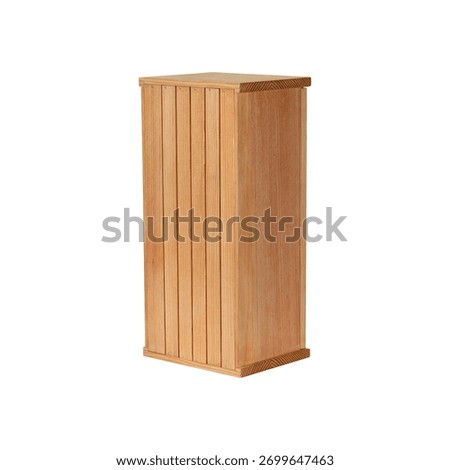 A simple, tall, rectangular wooden box with a slatted design and a light brown finish, isolated on a white background.