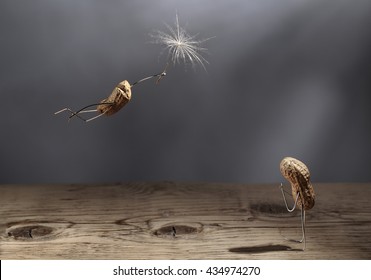 Simple Things - Peanut Man Flying with Dandelion Blowball Umbrella - Powered by Shutterstock