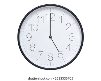 Simple wall clock with black frame and white face displaying 05:00 or 17:00. Ideal for time, schedule, and punctuality themes.