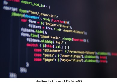 Simple website HTML code with colorful tags in browser view on dark background. Software developer programming code. Screen of code for overlay background.