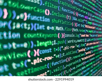 Simple website HTML code with colourful tags in browser view on dark background. Binary code digital technology background. Abstract program code on computer screen