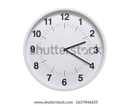Simple white analog wall clock showing exactly 02:20 or 14:20. suitable for concepts like deadline, start or end of time. Isolated on a clean white background.