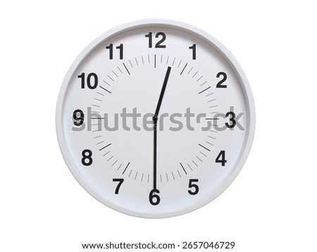 Simple white analog wall clock showing exactly 00:30 or 12:30. suitable for concepts like deadline, start or end of time. Isolated on a clean white background.