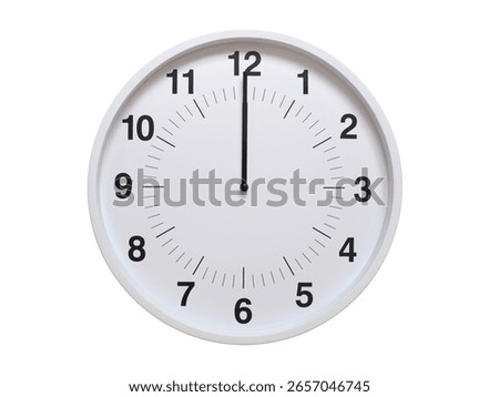 Simple white analog wall clock showing exactly 00:00 or 12:00. suitable for concepts like deadline, start or end of time. Isolated on a clean white background.
