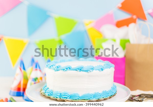 Simple White Birthday Cake White Blue Stock Photo (Edit Now) 399440962