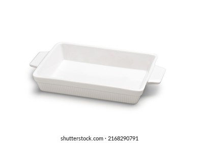 Simple White Rectangular Porcelain Container With Handles, Isolated