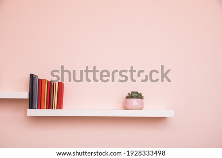 Simple white shelves on pale pink colored wall with books and succulent in pink pot. No titles shown on books