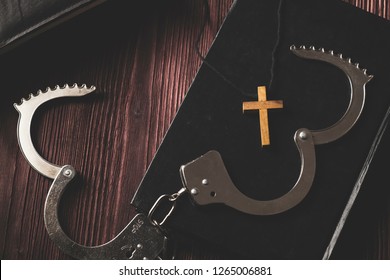 Simple Wood Cross and Unchain Handcuffs. Concept of Jesus Christ the Savior Liberate People from Sin.