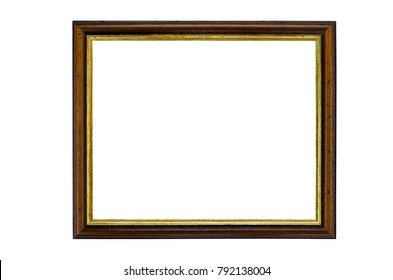 Simple Wood Frame With Gold Trim In Rustic Style Isolated On White Background