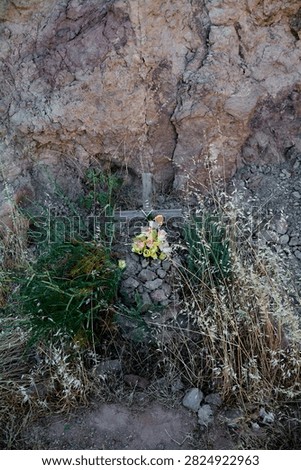 A simple, yet powerful, makeshift memorial consisting of a small wooden cross, artificial flowers, and rocks, set against a imposing natural rock face in a mountain environment.
