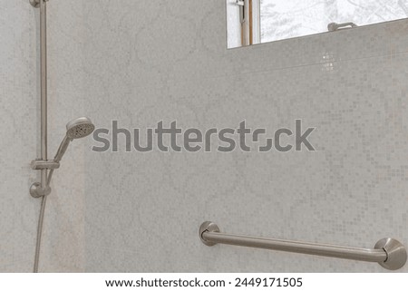 Simplistic and Refined Bathroom Showcasing Subtle Tile Patterns and A Practical Shower, Handicap Accessible Bar