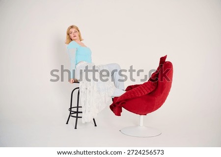 Simplistic studio portrait, Casual female model in vibrant clothing