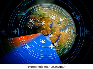 Simulated screen showing different flights for transport and passengers with the world as a background