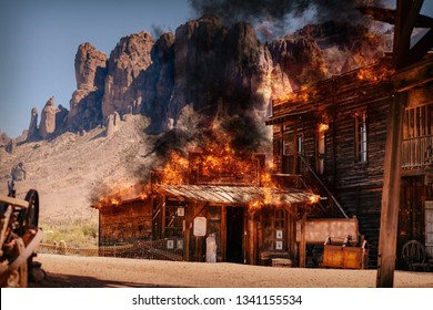 Simulation Of A City Fire Of An Old Wild Western Wooden Building In A Gold Mine, Close To Youngsberg, Arizona