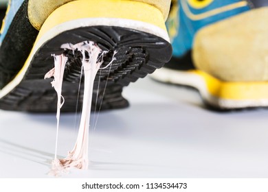 Simulation Scenario Of Chewing Gum On The Floor, Stick With Sneakers.