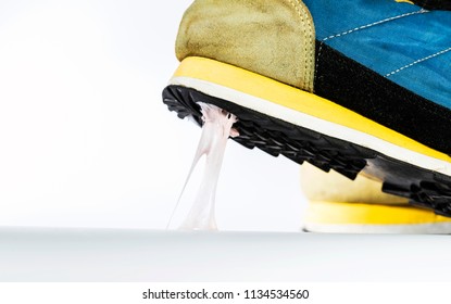 Simulation Scenario Of Chewing Gum On The Floor, Stick With Sneakers.