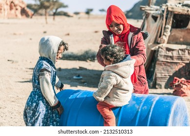 SINAI, EGYPT - February 2022: Bedouin children playing in the village in South Sinai, Egypt