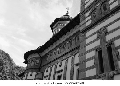 Sinaia, Prahova County, Romania- October 13, 2019: Black and white Mănăstirea Sinaia, the Great Church at the Sinaia Monastery exterior wall design