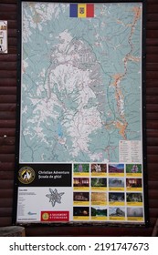 SINAIA, ROMANIA - JUN 5, 2014: Terrian Map Of  The Mountain And Trails At Cota 2000 Ski Area. Cota 2000 Ski Area.