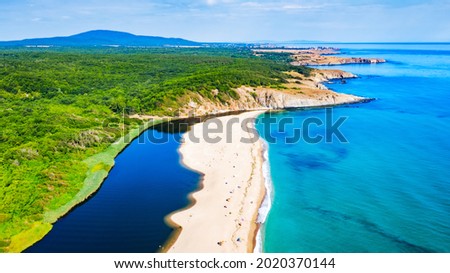 Sinemorets, Bulgaria. Aerial drone view of picturesque Veleka Beach at Black Sea wild coastline