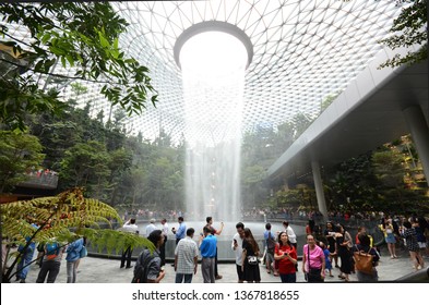 SINGAPORE, 11 Apr, 2019: The Rain Vortex, a 40m-tall indoor waterfall located inside the Jewal Changi Airport in Singapore. Jewel Changi Airport is set to open on April 17, 2019.