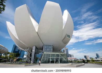 Singapore- 11 Oct, 2021: Beautiful ArtScience Museum in Singapore. It is one of the attractions at Marina Bay Sands and has 21 gallery spaces.