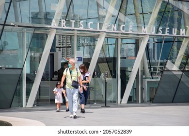 Singapore- 11 Oct, 2021: Tourists visit to ArtScience Museum at Marina Bay Sands in the Downtown Core of the Central Area in Singapore