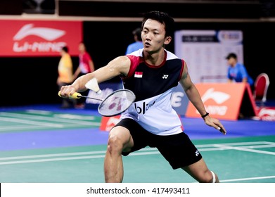 Singapore - 13 April 2016: Mens singles Ihsan Maulana Mustofa of Indonesia versus Lin Dan of China in OUE Singapore Open 2016 preliminary rounds.