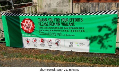 SINGAPORE - 16 JUL 2022: Colour-coded Banners Under Dengue Community Alert System. The Green Banner Means: No New Dengue Cases; Dengue Cluster Closed And Under Surveillance. 