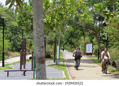 SINGAPORE - 17 MAR 2021. The newly developed Punggol Promenade Riverside Walk is a relaxing waterfront recreational destination, adjacent to Serangoon Reservoir, in North East Singapore.