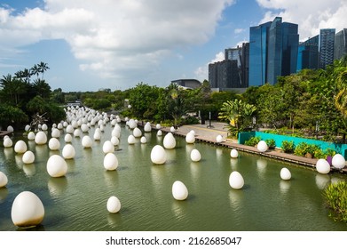 SINGAPORE - 19 FEBRUARY, 2020: View of the eggs floating over water, the decoration at the Dragonfly Lake in Gardens by the Bay park in Singapore