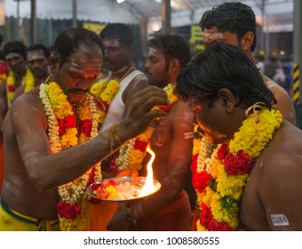 SINGAPORE 2015: Devotee Getting Blessings At Annual Hindu Thaipusam Festival In Singapore