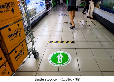 Singapore 2020Jun18 Directional Floor Stickers One-way Only, Installed At NTUC Fairprice Supermarket (improve Social Distancing Measures) For Phase 2 Re-opening On Jun19; Covid-19 Coronavirus Outbreak