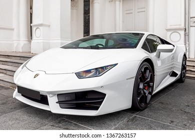 Singapore - 26.01.2019: White Lamborghini Huracán Parked Next To  CHIJMES Entrance