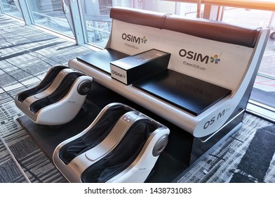 Singapore - 28 June 2018: Free Automatic Foot Massage Chair Service At Changi International Airport Singapore