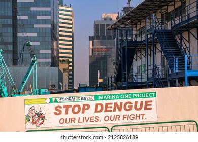 SINGAPORE - 29 APR 2014: An Advisory To Workers To Stop Dengue Fever Spread Is Shown On The Construction Site Of The Marina One Project In Downtown Singapore. Dengue Is Endemic In Singapore.