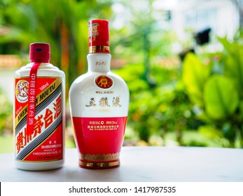 SINGAPORE, 29 MARCH 2019 - Two Bottles Of Baijiu Liqour - A Bottle Of Maotai And A Bottle Of Wuliangye, The Two Most Expensive Baijiu In China