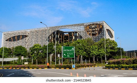 SINGAPORE - 6 APR 2022: Crowne Plaza Changi Airport Singapore is an upscale hotel conveniently located at Terminal 3 of Changi Airport. It is named World's Best Airport Hotel (2015 - 2020) by Skytrax.