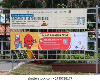 SINGAPORE – 6 MAR 2021: For Better Communication And Outreach To Residents, The Bishan Community Club Uses Banners To Advertise Free Legal Services And Blood Donation Drive. 