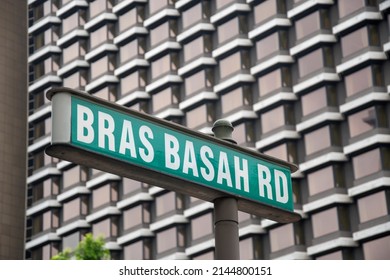 Singapore- 9 Apr, 2022: Street Sign For Bras Basah Road In Central Business District In Singapore.