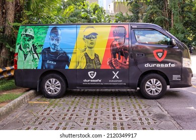 SINGAPORE - 9 JUL 2021: Vehicle wrap advertising is a form of marketing that requires the Durasafe van to be wrapped or covered in vinyl with adverts promoting workwear and sportswear. A mobile advert